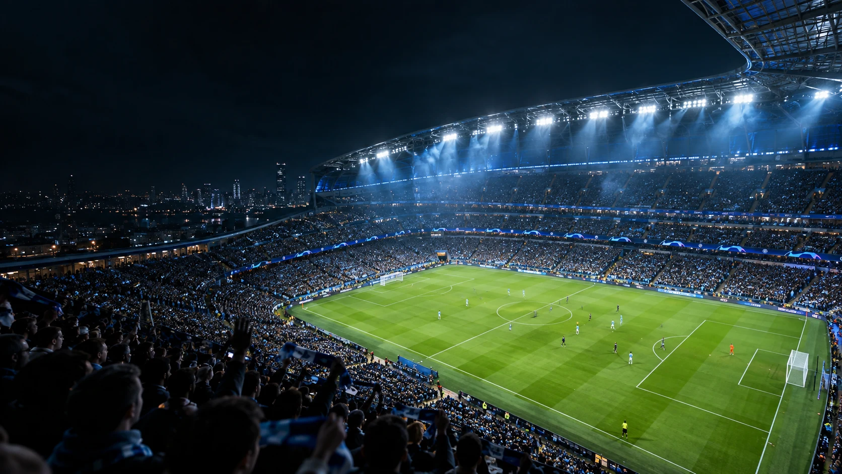 A packed football stadium under the lights